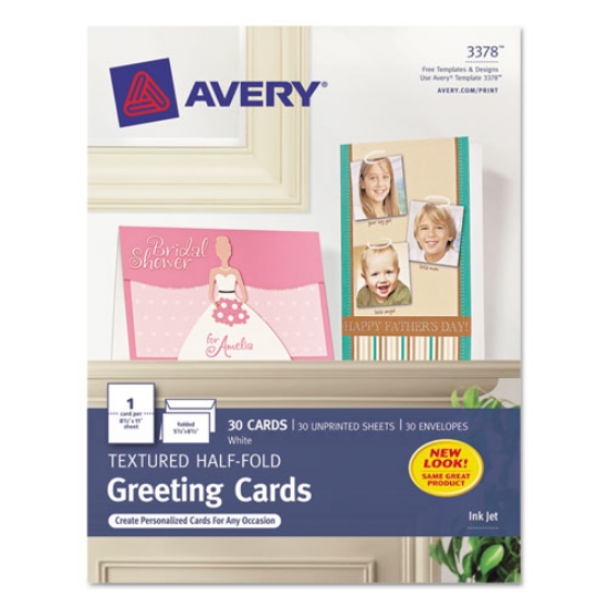 Picture of Half-Fold Greeting Cards with Envelopes, Inkjet, 65 lb, 5.5 x 8.5, Textured Uncoated White, 1 Card/Sheet, 30 Sheets/Box