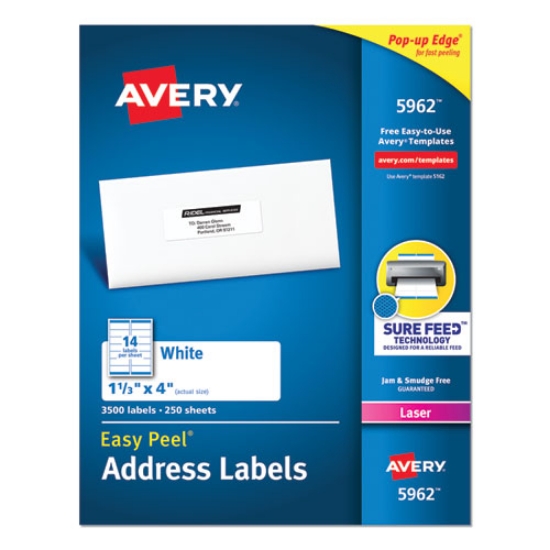 Picture of Easy Peel White Address Labels W/ Sure Feed Technology, Laser Printers, 1.33 X 4, White, 14/sheet, 250 Sheets/box