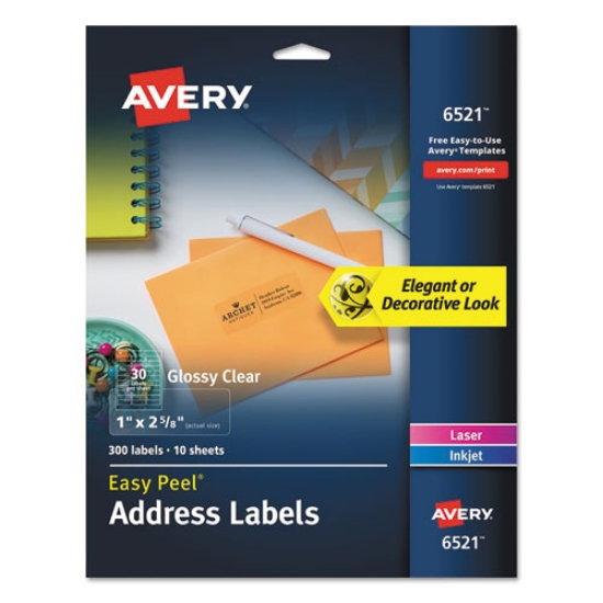 Picture of Glossy Clear Easy Peel Mailing Labels W/ Sure Feed Technology, Inkjet/laser Printers, 1 X 2.63, 30/sheet, 10 Sheets/pack