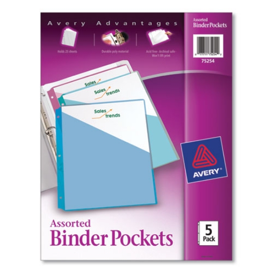 Picture of Binder Pockets, 3-Hole Punched, 9.25 x 11, Assorted Colors, 5/Pack