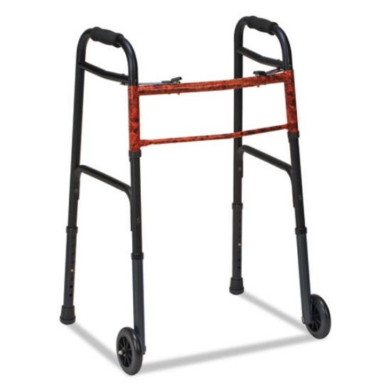 Picture of Two-Button Release Folding Walker with Wheels, Adjusts 32" to 38", 250 lb Capacity, Black/Copper