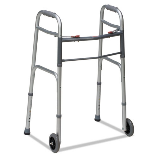 Picture of Two-Button Release Folding Walker with Wheels, Adjusts 32" to 38", 250 lb Capacity, Silver/Gray