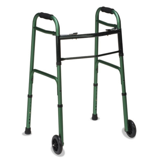 Picture of Two-Button Release Folding Walker with Wheels, Adjusts 32" to 38", 250 lb Capacity, Green/Green Ice