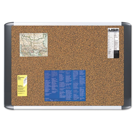Picture of tech cork board, 36 x 24, tan surface, silver/black aluminum frame