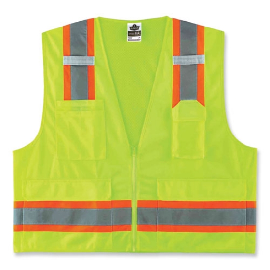 Picture of GloWear 8248Z Class 2 Two-Tone Surveyors Zipper Vest, Polyester, 4X-Large/5X-Large, Lime, Ships in 1-3 Business Days