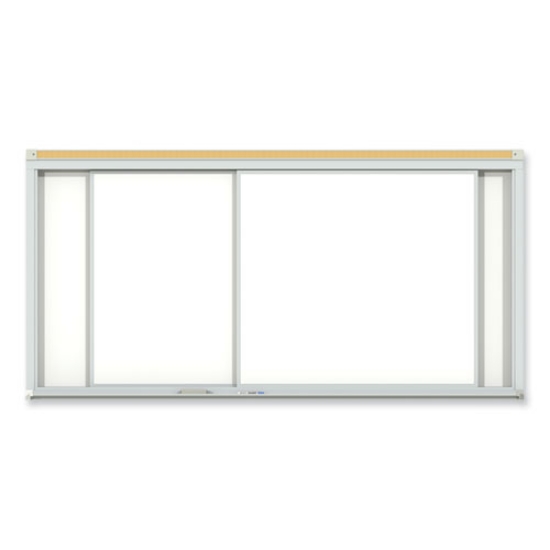 Picture of Horizontal Sliding Porcelain Magnetic Whiteboard, 144 x 48, White Surface, Satin Aluminum Frame, Ships in 7-10 Business Days