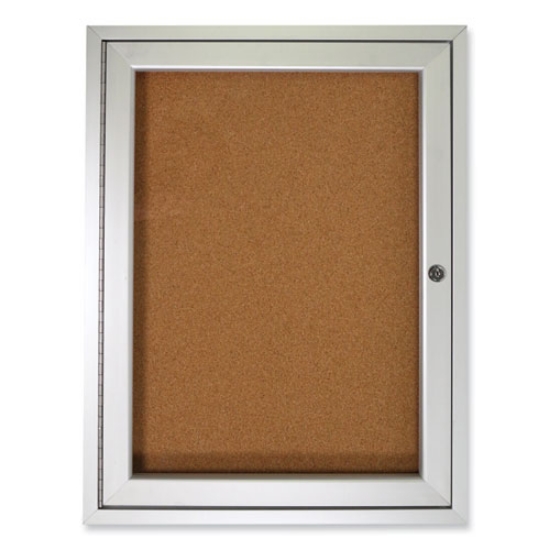 Picture of 1 Door Enclosed Natural Cork Bulletin Board with Satin Aluminum Frame, 36 x 36, Tan Surface, Ships in 7-10 Business Days