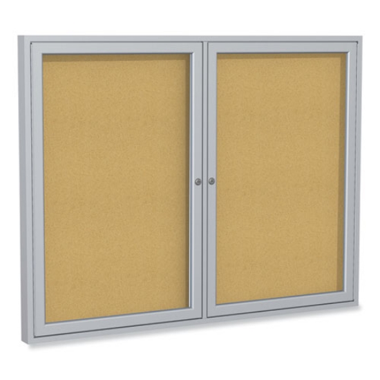 Picture of 2 Door Enclosed Natural Cork Bulletin Board with Satin Aluminum Frame, 48 x 36, Tan Surface, Ships in 7-10 Business Days