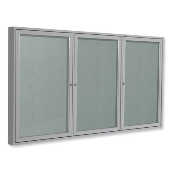 Picture of 3 Door Enclosed Vinyl Bulletin Board with Satin Aluminum Frame, 96 x 48, Silver Surface, Ships in 7-10 Business Days