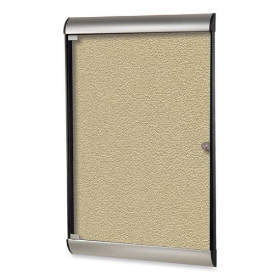 Picture of Silhouette 1 Door Enclosed Caramel Vinyl Bulletin Board with Satin/Black Frame, 27.75 x 42.13, Ships in 7-10 Business Days