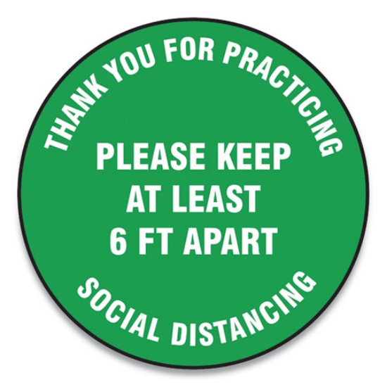 Picture of Slip-Gard Floor Signs, 12" Circle, "thank You For Practicing Social Distancing Please Keep At Least 6 Ft Apart", Green, 25/pk