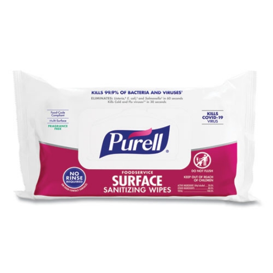 Picture of Foodservice Surface Sanitizing Wipes, 1-Ply, 7.4 X 9, Fragrance-Free, White, 72/pouch, 12 Pouches/carton