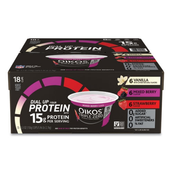Picture of Triple Zero Blended Greek Nonfat Yogurt, 5.3 oz, Strawberry/Mixed Berry/Vanilla, 18/Carton, Ships in 1-3 Business Days