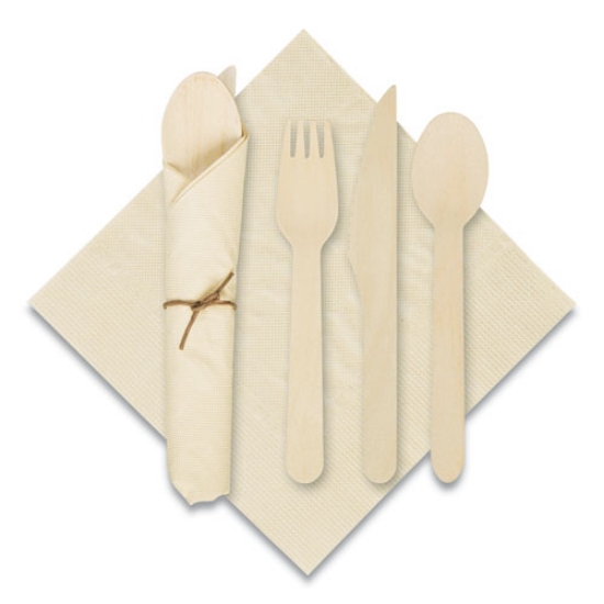 Picture of Pre-Rolled Caterwrap Kraft Napkins With Wood Cutlery, 6 X 12 Napkin;fork;knife;spoon, 7" To 9", Kraft, 100/carton