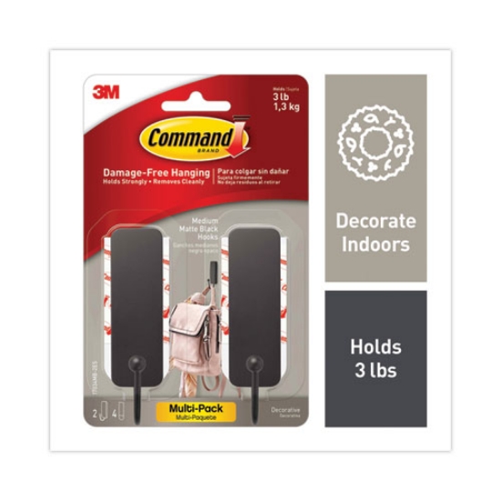 Picture of Decorative Hooks, Medium, Plastic, Matte Black, 3 lb Capacity, 2 Hooks and 4 Strips/Pack