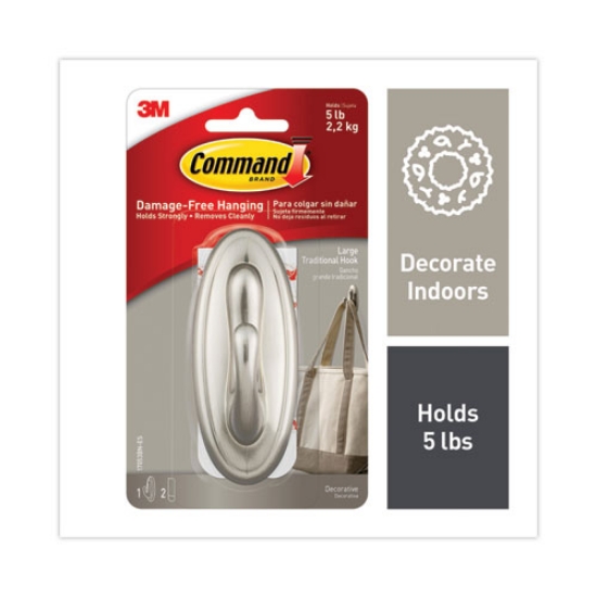 Picture of decorative hooks, traditional, large, plastic, silver, 5 lb capacity, 1 hook and 2 strips/pack