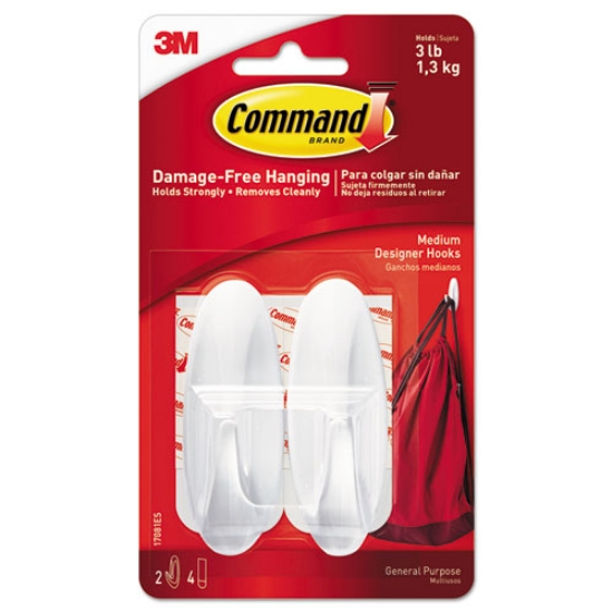 Picture of General Purpose Designer Hooks, Medium, Plastic, White, 3 lb Capacity, 2 Hooks and 4 Strips/Pack