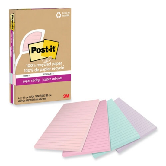 Picture of 100% recycled paper super sticky notes, ruled, 4" x 6", wanderlust pastels, 45 sheets/pad, 4 pads/pack