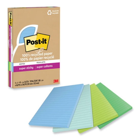Picture of 100% recycled paper super sticky notes, ruled, 4" x 6", oasis, 45 sheets/pad, 4 pads/pack