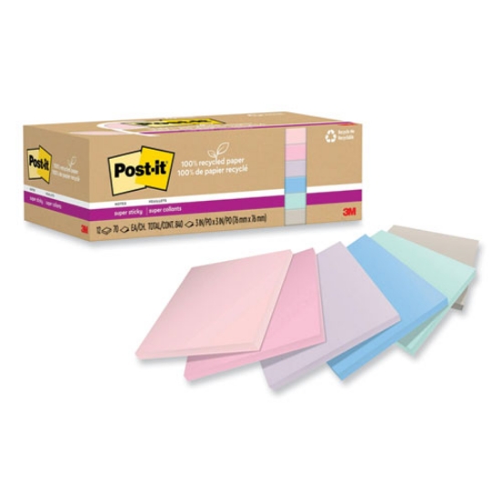 Picture of 100% recycled paper super sticky notes, 3" x 3", wanderlust pastels, 70 sheets/pad, 12 pads/pack