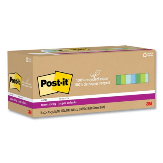 Picture of 100% recycled paper super sticky notes, 3" x 3", oasis, 70 sheets/pad, 24 pads/pack