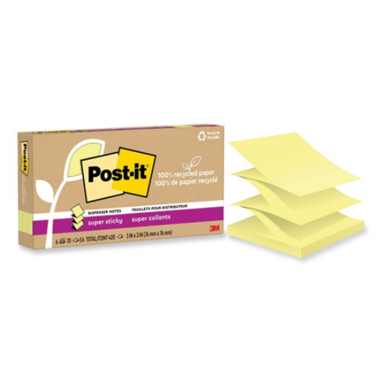Picture of 100% recycled paper super sticky notes, 3" x 3", canary yellow, 70 sheets/pad, 6 pads/pack