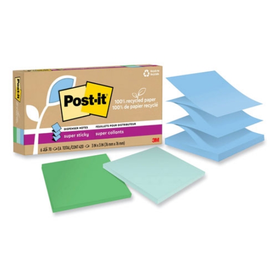 Picture of 100% recycled paper super sticky notes, 3" x 3", oasis, 70 sheets/pad, 6 pads/pack
