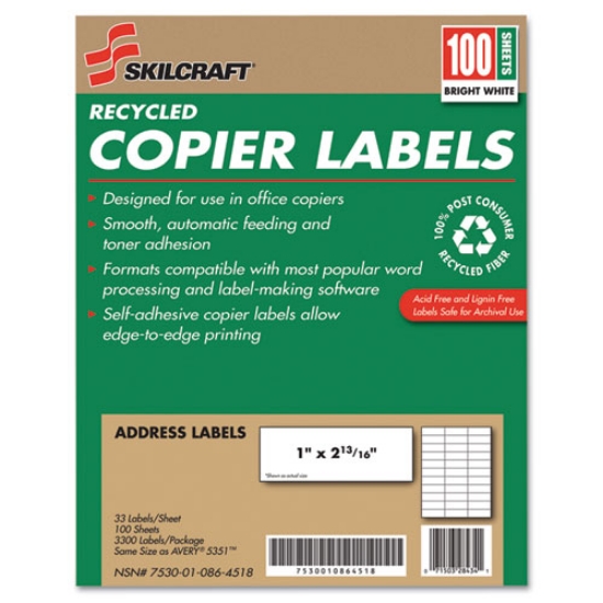 Picture of 7530010864518 Skilcraft Recycled Copier Labels, Copiers, 1 X 2.81, White, 33/sheet, 100 Sheets/box