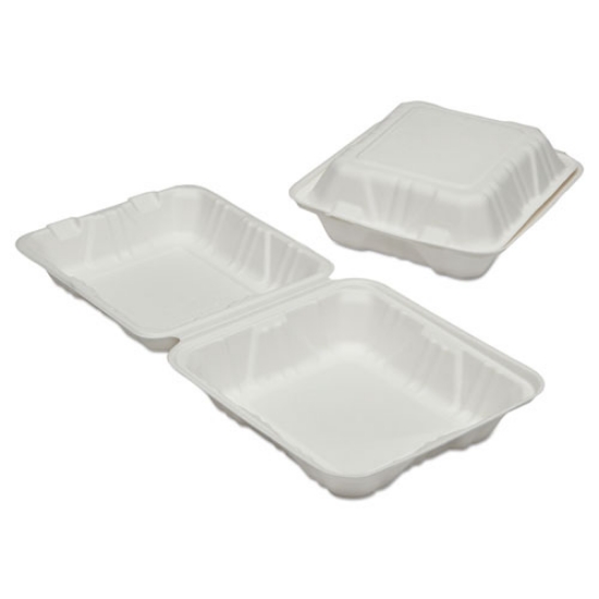 Picture of 7350016646908, SKILCRAFT Clamshell Hinged Lid ToGo Food Containers, 8 x 8 x 3, White, Paper, 200/Box