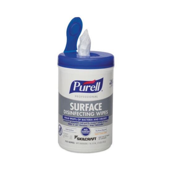 Picture of 7930016997555, skilcraft, purell professional surface disinfecting wipes,1-ply, 7x8, fresh citrus, wh, 110/can,6 canisters/ct