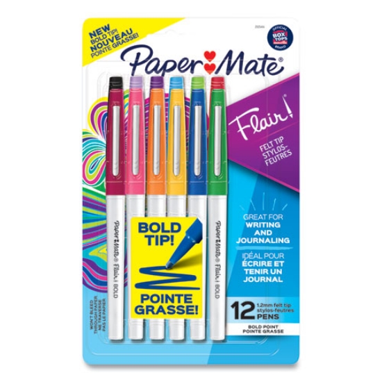 Picture of Flair Felt Tip Porous Point Pen, Stick, Bold 1.2 Mm, Assorted Ink Colors, White Pearl Barrel, 12/pack