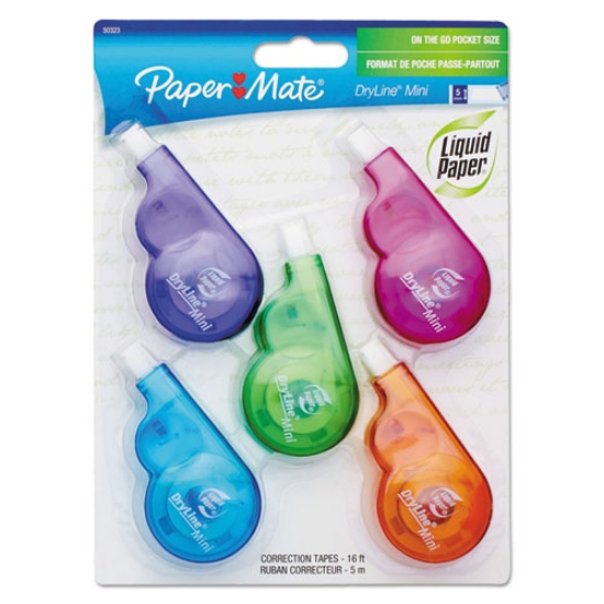 Picture of DryLine Mini Correction Tape, 0.2" x 197", Non-Refillable, Assorted Color Applicators, 5/Pack