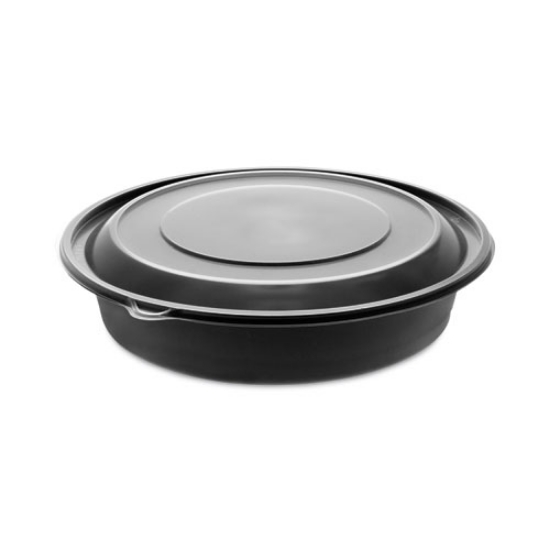 Picture of EarthChoice MealMaster Container with Lid, 48 oz, 10.13" Diameter x 2.13"h, 1-Compartment, Black/Clear, Plastic, 150/Carton