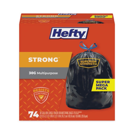 Picture of Strong Multipurpose Drawstring Trash Bags, 30 gal, 1.1 mil, 30" x 33", Black, 74/Box