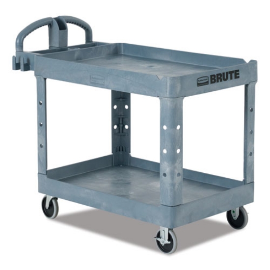Picture of BRUTE Heavy-Duty Ergo Handle Utility Cart, Plastic, 2 Shelves, 750 lb Capacity, 26" x 55" x 33.25", Gray