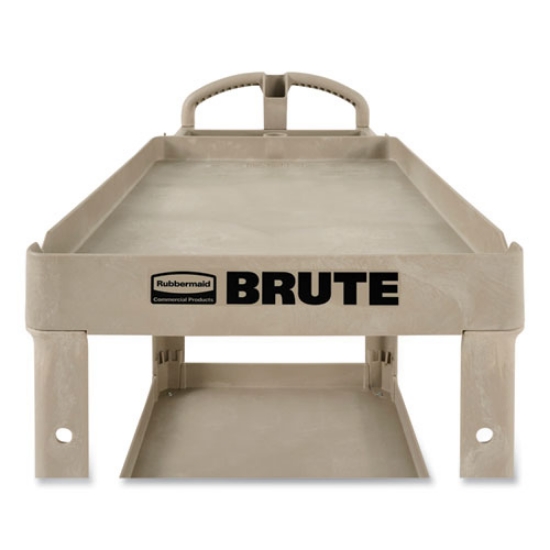 Picture of heavy-duty utility cart with lipped shelves, plastic, 2 shelves, 500 lb capacity, 17.13" x 38.5" x 38.88", beige