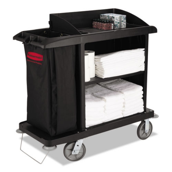 Picture of Multi-Shelf Cleaning Cart, Plastic, 4 Shelves, 1 Bin, 22" x 49" x 50", Black