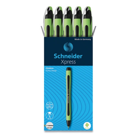 Picture of Xpress Fineliner Porous Point Pen, Stick, Medium 0.8 Mm, Black Ink, Black/green Barrel, 10/box