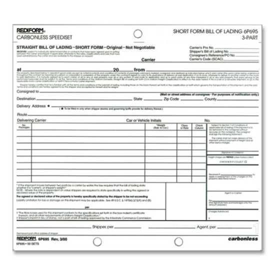Picture of Speediset Bill of Lading, Short Form, Three-Part Carbonless, 7 x 8.5, 50 Forms Total