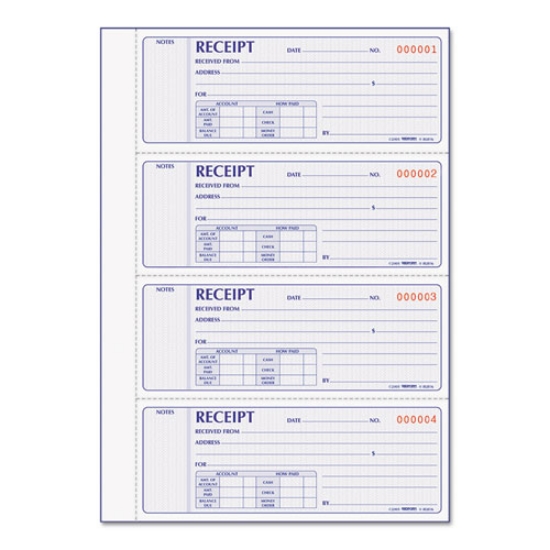 Picture of Receipt Book, Two-Part Carbonless, 7 x 2.75, 4 Forms/Sheet, 400 Forms Total