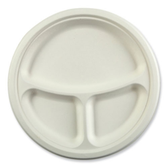 Picture of bagasse pfas-free dinnerware, 3-compartment plate, 10.24" dia, white, 500/carton