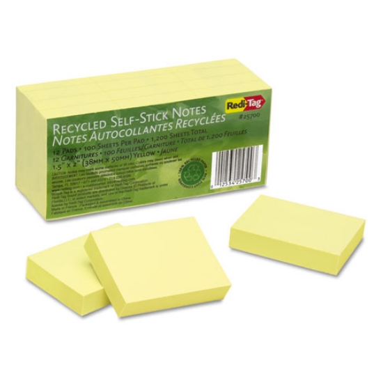 Picture of 100% Recycled Self-Stick Notes, 1.5" x 2", Yellow, 100 Sheets/Pad, 12 Pads/Pack