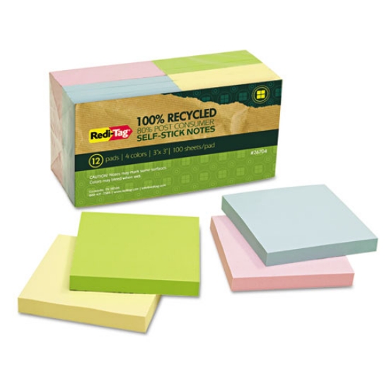 Picture of 100% Recycled Self-Stick Notes, 3" x 3", Assorted Pastel Colors, 100 Sheets/Pad, 12 Pads/Pack