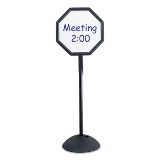 Picture of WriteWay Double-Sided Magnetic Dry Erase Standing Message Sign, Octagon, 65" Tall Black Stand, 18 x 18 White Face