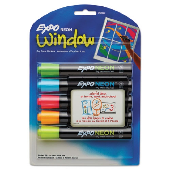 Picture of Neon Windows Dry Erase Marker, Broad Bullet Tip, Assorted Colors, 5/pack