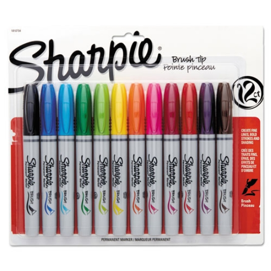 Picture of Brush Tip Permanent Marker, Medium Brush Tip, Assorted Colors, 12/set