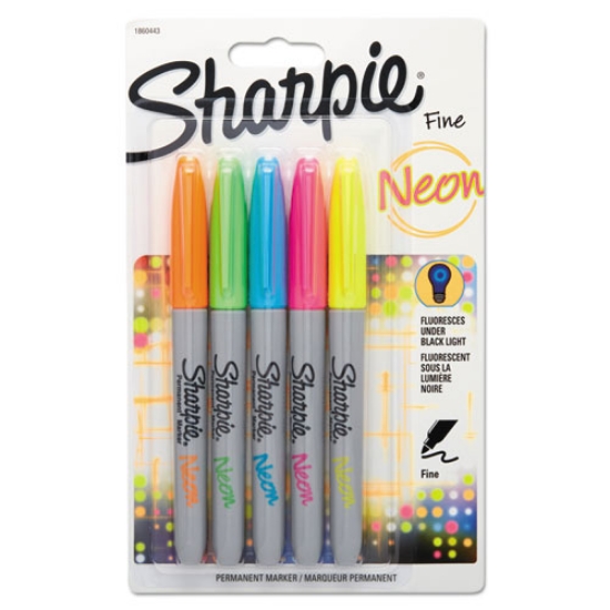 Picture of Neon Permanent Markers, Fine Bullet Tip, Assorted Colors, 5/pack