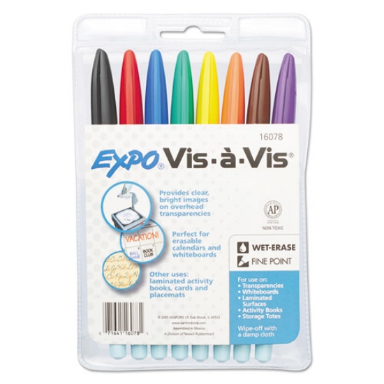 Picture of Vis-A-Vis Wet Erase Marker, Fine Bullet Tip, Assorted Colors, 8/set