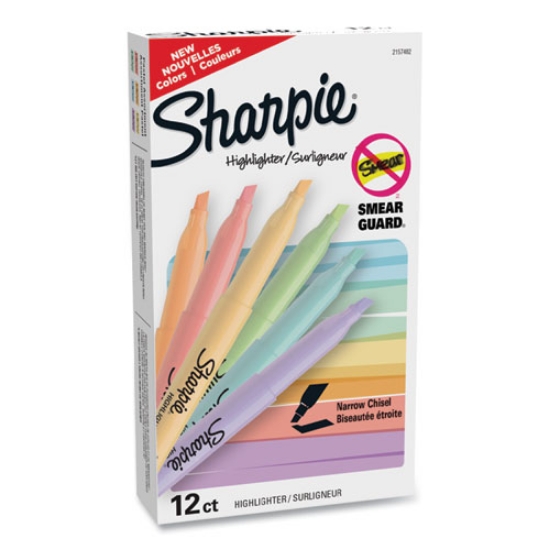 Picture of pocket style highlighters, assorted ink colors, chisel tip, assorted barrel colors, 12/pack