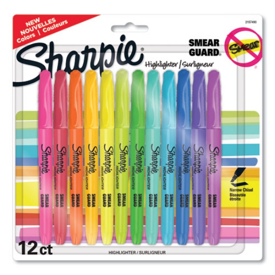Picture of pocket style highlighters, assorted ink colors, chisel tip, assorted barrel colors, 12/pack